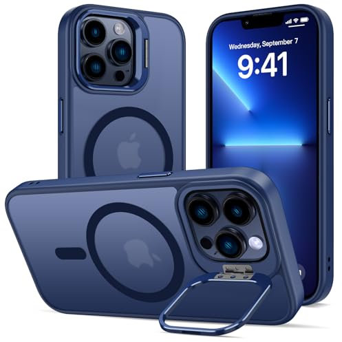 ÁRBOLORO Hülle für iPhone 13 Pro Max mit Ständer, Kompatibel mit MagSafe, Integrierter Versteck Kameraständer Handyhülle, Magnetische Stoßfest Dünn Schutzhülle, Durchscheinend Matt Blau