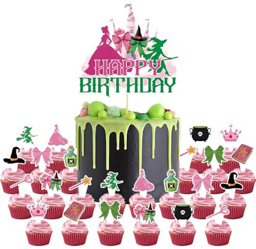 KSHGTB Enchanted Wizard Cake Topper Set - 1 Large Happy Birthday Cake Topper + 24 Cupcake Toppers, Eco-Friendly Non-Toxic Paper for Women Girls Birthday Party Supplies