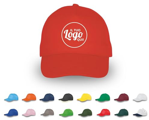 pubblienne 10 Cappellini Personalizzati Logo, Immagine e Testo - Cappello 100% Cotone - Cappello Uomo e Donna Visiera Baseball - Stampa Foto, Gadget Personalizzabili (IT, Testo, Taglia Unica, Rosso)