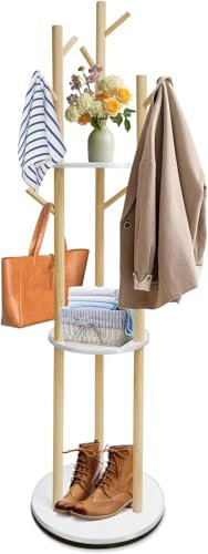 SUNDOY Drehbarer Garderobenständer aus Massivholz, 3 Ablagen & 9 Haken, stabil & einfach zu montieren, für Flur & Schlafzimmer, 165×41×41 cm, für Hüte, Schals & Taschen (Drehbare Garderobe)