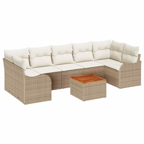 vidaXL 8-teiliges Gartensofa-Set mit Kissen in Beige aus Poly-Rattan und Akazienholz. Modulares Patio-Möbel-Set für die Terrasse, perfekt zum Entspannen. Flexible Lösung für Jede Saison.