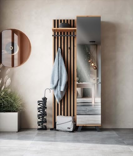 Newroom Garderobe mit Spiegel & Ablage - Schuhschrank Schuhregal Flurgarderobe mit Haken & Schuhbank Funktion - Garderobenschrank Wandgarderobe Garderobenpaneel in Holzoptik