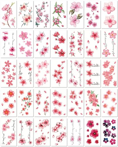 35 Blätter Sexy Kirschblüten Temporäre Tattoos für Frauen Florale Schulter Tattoo Aufkleber Wasserdichte Gefälschte Tattoos für Schlüsselbein Körperkunst