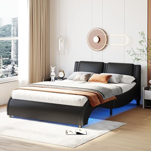 RIAZOS Polsterbett 140x200 cm Mit Lattenrost, Kopfteil & Kunstleder - Bogendesign Jugendbett Doppelbett, Luxus Led Bett, Ohne Matratze, Schwarz