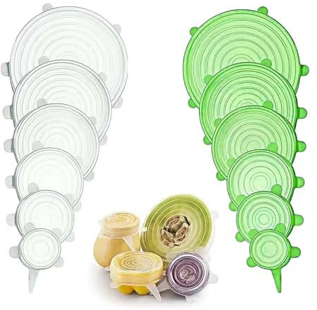 Reusable Silicone Stretch Lids - ShiningUU 12 Pack Silicone Food Covers 12 Pack - Microwave Safe Lids for Bowls, Dishes, Milk Bottles & Yogurt Pots | Freezer to Oven & Dishwasher Safe (Green/White)​
