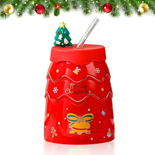 Falafoty Tasse de sapin de Noël, Tasse à Café de Noël en Céramique avec Couvercle Paille, 400ml Mug Noel Hiver Tasses' à Lait Cadeau pour Parents, Enfants, Amoureux, Amis, Cadeau Emballé (Rouge)