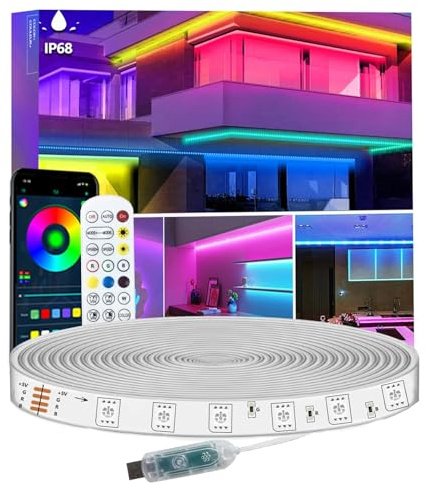 Bvokon 3m RGB LED Streifen, IP68 Wasserdicht, 5V USB Betrieben, Musik Sync, Bluetooth App/RF Fernbedienung, Lichter für Balkon, Deck, Camping, Garten, Schlafzimmer, Dekor