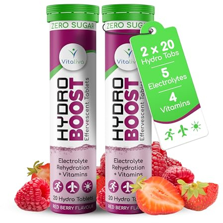 Hydro Boost Electrolyte Tablets + Vitamins | Rapid Rehydration & Recovery | Zero Sugar | New Strawberry & Raspberry Flavour | Vegan Friendly | Twin Pack Deal - 2 x 20 Hydro Tabs