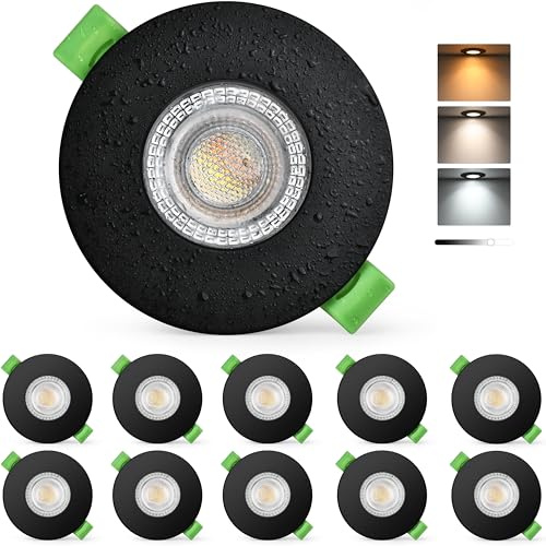 KYOTECH 7W LED Einbaustrahler 230V, Dimmbar, 3CCT, IP65, 10er Schwarz | 770LM LED Einbauleuchten Spot, 2700K/4000K/6000K, 60-75mm Lochmaß, Deckenspot Ultra Flach für Badezimmer, Balkon, Wohnzimmer