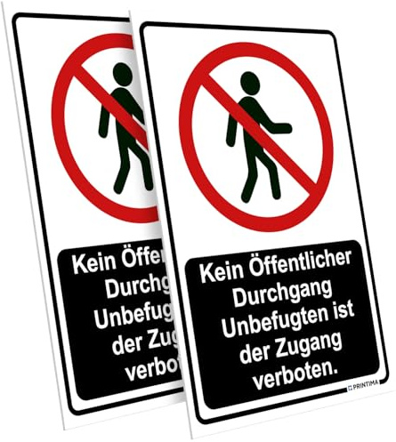 PRINTIMA 2x Schild Kein Öffentlicher Durchgang – Unbefugten ist der Zugang verboten 21x32 cm – Verbotsschild PVC wetterfest mit Montageset – Sicherheitskennzeichnung