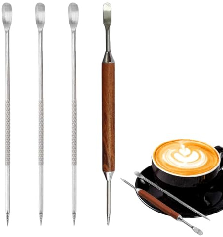 4 penne per Latte Art, Acciaio Inossidabile Latte Art Penna, aghi per incisione caffè a doppia testa, Barista Strumento Fai da Te, manico in legno, aghi in acciaio inox, decorativi per caffè