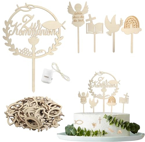 CYIOU 5 Stück Zur Tortendeko Kommunion Kuchen Deko Torte | 100 Holz Tortendeko Konfirmation Cake Topper Kommunion mit 0,5 Meter Langer Led-Lichterkette für Erstkommunion Deko