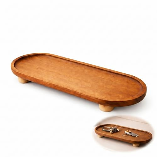 Solid Wood Antique-Style Jewelry Tray - Long Oval Footed Display Platter for Vanity, Countertop & Home Decor Organisation, Handcrafted with Smooth Finish for Jewellery, Candles, Keys (Oval Tray)
