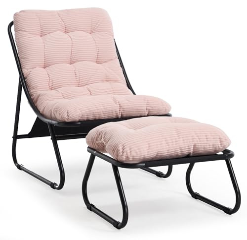 SEEDWAVE Loungesessel mit Ottoman, Liegestuhl & Relaxsessel aus Stahl, mit separatem Kissen und rutschfesten Fußpolstern – Outdoor Gartenstuhl für Entspannung im Freien, Garten & Balkon (Rosa, Cord)