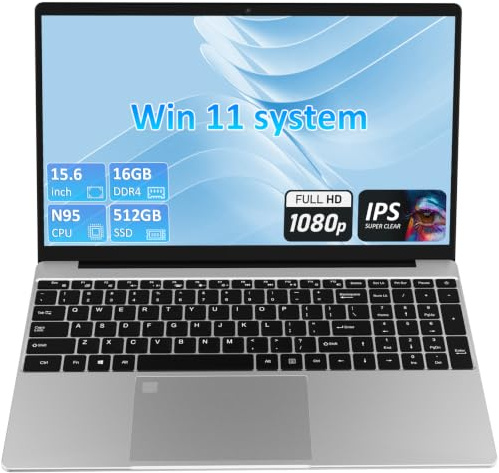 Auusda 15.6 Laptop, 4Core Next‑Gen N‑Series N95 3.4GHz, 16GB RAM 512GB SSD | laptop compatible with win11, up to 8TB, Fingerprint & Backlit Keyboard, USB3.0, 8000mAh Battery, Silver