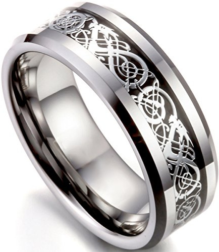 Flongo Herrenring Männer Ringe Bandring Daumen Ring Siegelring Wolfram Wolframcarbid Silber Schwarz Irish Celtic Knot Irischen Keltisch Knoten Drachen Herren-Accessoires, Größe 56