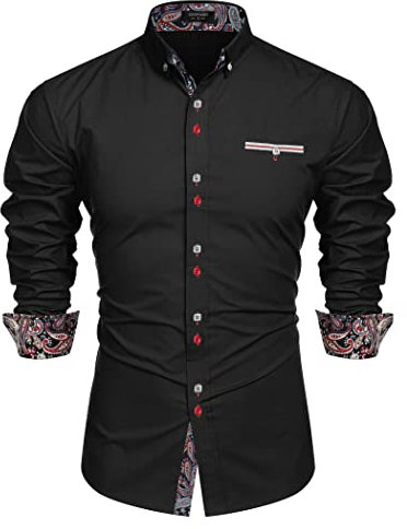 COOFANDY Men's Casual Cotton Long Sleeve Dress Shirt Paisley Collar Button Down Shirt Black