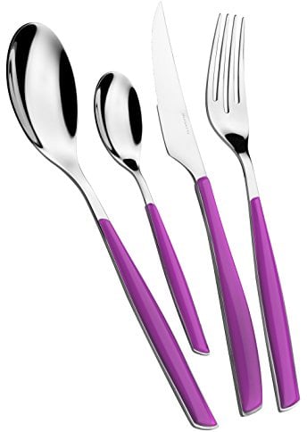BUGATTI, Glamour, Ensemble de 24 couverts en acier inoxydable 18/10 et manche couleur IRIS. Ensemble de couverts 6 personnes composé de 6 cuillères, 6 fourchettes, 6 couteaux et 6 cuillères à café