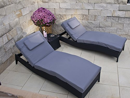 Ragnarök-Möbeldesign PolyRattan Sonnenliege DEUTSCHES Famillienunternehmen seit 1928 - EIGENE Produktion - 8 Jahre GARANTIE - Polster Tisch Glasplatte 2 Liege Set schwarz Gartenmöbel