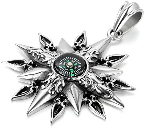 Flongo Edelstahl Anhänger Halskette Silber Schwarz Titan Sonnengott Kompass Charm Charme Herren, mit 55cm Kette