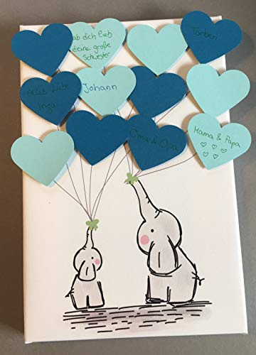 Echte Leinwand - kein Papierdruck - mit Elefant Herzen als Geschenk, Gästebuch, Erinnerung, Deko, Idee, Andenken zur Geburt, Taufe, Babyparty, Baby Shower in Blau für Jungen
