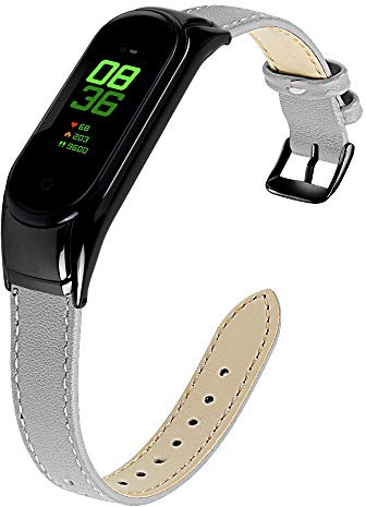 Ruentech Kompatibel mit Xiaomi Mi Band 3 / Mi Band 4 Armband Schlank Echtes Leder Armbands Ersatz Zubehör für Frauen Männer Mi Band 3/Mi Band 4 Uhrenarmbänder (Gray)