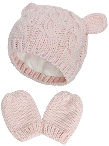 Yixda Neugeborene Baby Mütze und Handschuhe Set Kleinkind Winter Strickmütze Hüte (Rosa 2, 6-18 Monate)