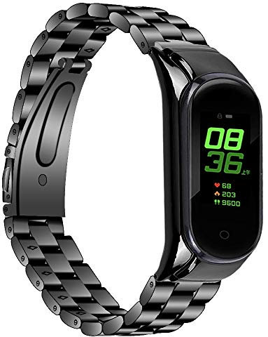 KangPlus Metallarmband kompatibel mit Xiaomi Mi Band 5, wasserdicht, Edelstahl, Ersatz-Armband, verstellbar, 14–20,3 cm, Schwarz