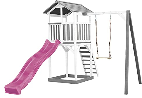 AXI Beach Tower Spielturm aus Holz in Weiß & Grau | Spielhaus für Kinder mit lila Rutsche, Schaukel und Sandkasten | Stelzenhaus für den Garten.