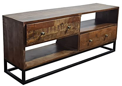 SAM TV-Schrank Nagar 1, Akazienholz massiv & nussbaumfarben, Lowboard mit je 2 Schubladen & offenen Fächern, Gestell & Griffe aus Metall, 120 x 30 x 50 cm