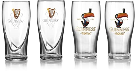 Guinness Offizieller Merchandise, Schwerkraft- und Tukkan-Designs, 4 Pint-Gläser