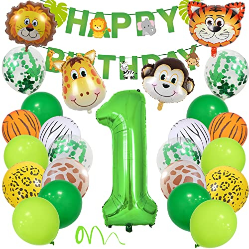 1 Geburtstag Deko Junge Mädchen, Wilde Waldtiere Dschungel Kindergeburtstag Deko 1. Jahr mit Safari Tier Luftballons, Happy Birthday Banner Zahlen Ballon 1 für Kinder Erster Wild One Geburtstagdeko