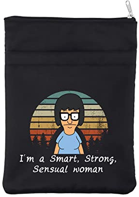 Tina Quote Book Sleeve Bob’s TV Show Merchandise Book Cover Tina Belcher Cartoon Fans Book Sack Gift for Friend I'm a Smart Strong Sensual Woman Waterproof Zipper Pouch (3SWomenBblk)