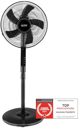TZS First Austria Ventilateur sur pied télécommande - Ventilateur silencieux chambre refroidisseur d'air - Oscillation de 100° y compris fonction de minuterie - Fan pales & réglable en hauteur - noir