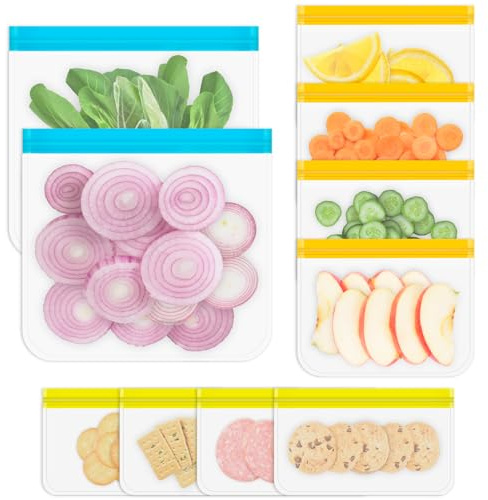 Sacchetti riutilizzabili, confezione da 10 sacchetti in silicone per alimenti, lavabili in lavastoviglie, in 3 misure, per marinare carni, panini, snack, cereali, articolo da viaggio