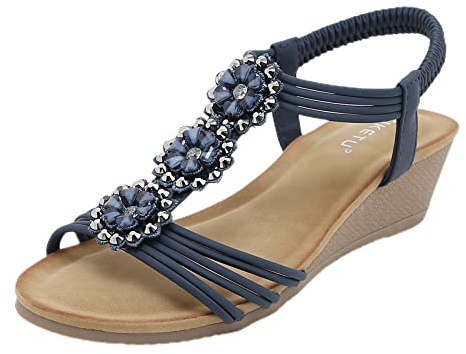 Sandalen Damen mit Absatz, Bequem Elegante Keilabsatz Schuhe Damen Damen Zehentrenner Sandalen Damen Weichen Sohlen Sommerschuhe Böhmische Strandschuhe Mode Glitzer Strass Keilabsatz Schuhe Damen