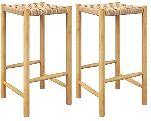 GIANTEX Lot de 2 tabourets de bar, de salle à manger, de cuisine en bois et papier tressé - Avec repose-pieds - Tabouret de bistrot - Tabouret de salle à manger - Tabouret de cuisine - Naturel - 36 x