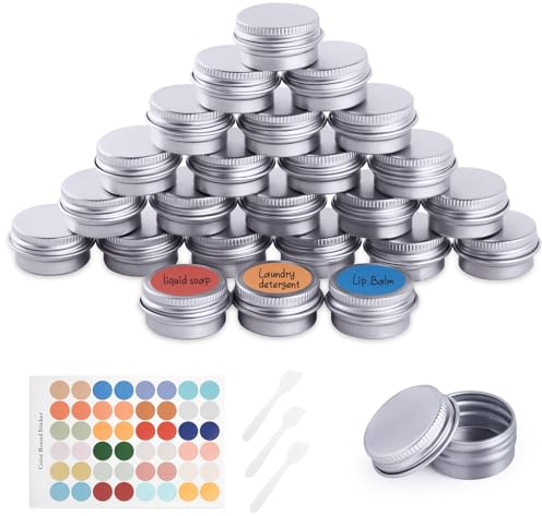 Flintronic 24 Stück Döschen, 5ml Aluminium Leer Döschen, Cremedose Leer mit Kleiner Löffel und Etikett, Reise Töpfchen Döschen Set für Mini-Kerzen Kosmetik