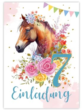 Minkocards 12 Einladungskarten zum 7. Kindergeburtstag Mädchen Pferd Einladung siebte Geburtstag Kinder bunte Geburtstagseinladungen