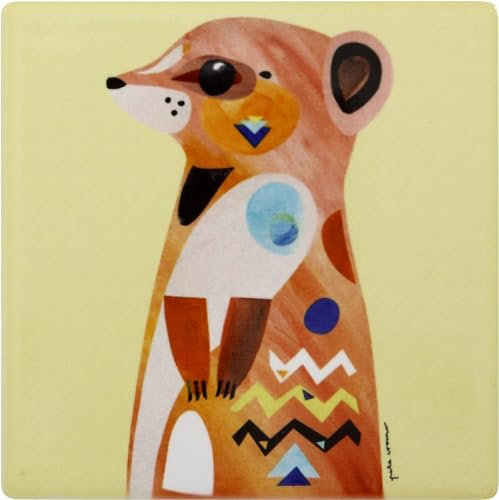 Bunte farbenfrohe Untersetzer mit Kork, Designer Pete Cromer, Tier-Motiv, als Keramik-Untersetzer für Kaffe & Tee Tassen, Gläser oder Heißgetränke, 9,5 cm lang (Meerkat (gelb orange))