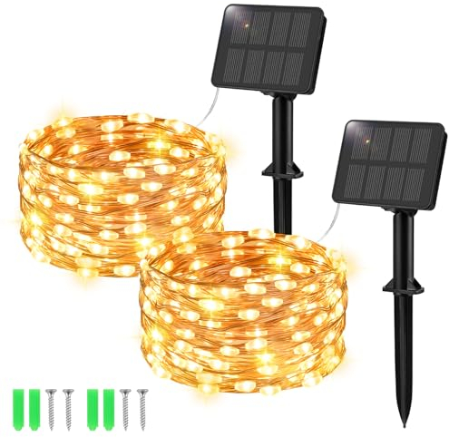 Etopgo Solar Lichterkette Aussen 5M 50 LED Lichterkette Außen Solar 8 Modus IP65 Wasserdicht Kupferdraht Solarlichterkette Außen Wetterfest für Garten, Hof, Balkon Dekorationen Warmweiß [2 Stück]
