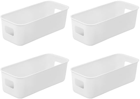AUAUY 4PCS Plastic Storage Boxes, 22 x 9.5 x 6.5 cm White Durable Storage Basket for Studio, Storage Boxes for Kitchen, Cupboard, Office, Bathroom, Stackable Home Tidy Open Storage Bins with Handles