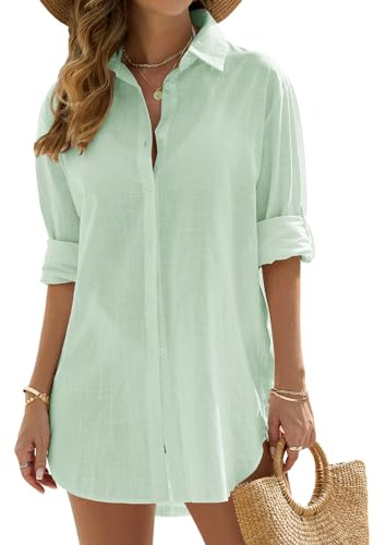 Vancavoo Women's Beach Cover Up Shirts Bikini Coverups Swimsuit Beach Dress Cotton Button Down Casual Long Sleeve Beachwear Loose Cardigan Blouse Tops Swimwear(Light Green,M)