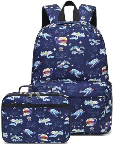 CAMTOP Backpack for Kids, Boys Girls Preschool Backpacks with Lunch Box Toddler Kindergarten School Bookbag Set, Airplane-dark Blue, Casual
