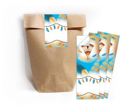 6 Geschenktüten (natur) + 6 selbstklebende Aufkleber/Sticker A7 Verpackung Mitbringsel Gastgeschenk Mitgebsel zum Kindergeburtstag Motto-Party Unisex Teenies Mädels Jungs Indianer Federn Abenteuer