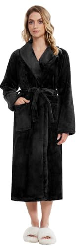 Knuffnee Damen Fleece Morgenmantel Flauschig Lang Bademantel Kuschelig Weich Saunamantel mit Taschen Schwarz L