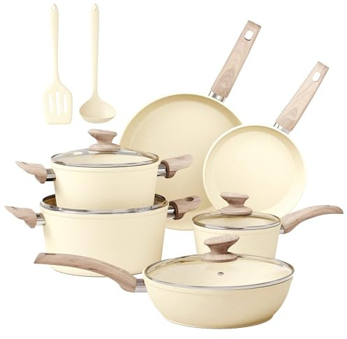 MAISON ARTS Pots and Pans Set Non Stick, Kitchen Cookware Sets Nonstick, 12 Piece Granite Cooking Pot and Pan for Induction, Stovetop, Beige