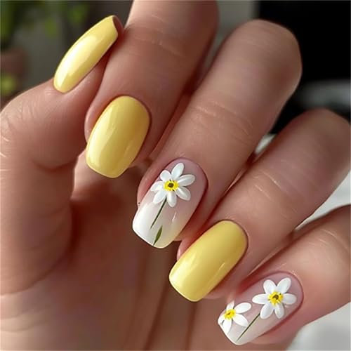 Short Square Press on Fake Nails Summer Cute Flowers Nail Art Decoration Yellow Color Glossy Manicure for Women and Girls 24pcs