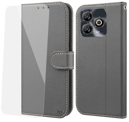 NP-Caser Handyhülle für ZTE Blade A75 4G Hülle [mit Panzer Schutz Glas], Premium Lederhülle mit Kartenfächern [Klappbar Flip case] [Standfunktion] Handy Schutzhülle für ZTE Blade A75 4G, Grau