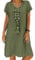 Women's Dress Summer Linen Dresses Casual V Neck Midi Short Sleeve A-line Sundress Tunic Dress Without Accessories (A Dark Green, XL)